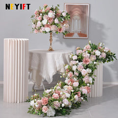 Pink Artificial Large Flower Ball Rose Hydrangea Green Plants Flower Row Runner Wedding Backdrop Decor Floral Wall Party Props