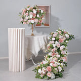 Pink Artificial Large Flower Ball Rose Hydrangea Green Plants Flower Row Runner Wedding Backdrop Decor Floral Wall Party Props